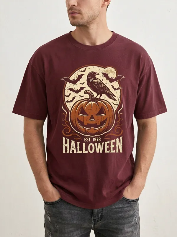 Men's Halloween Pumpkin Raven Bat Printed T-shirt