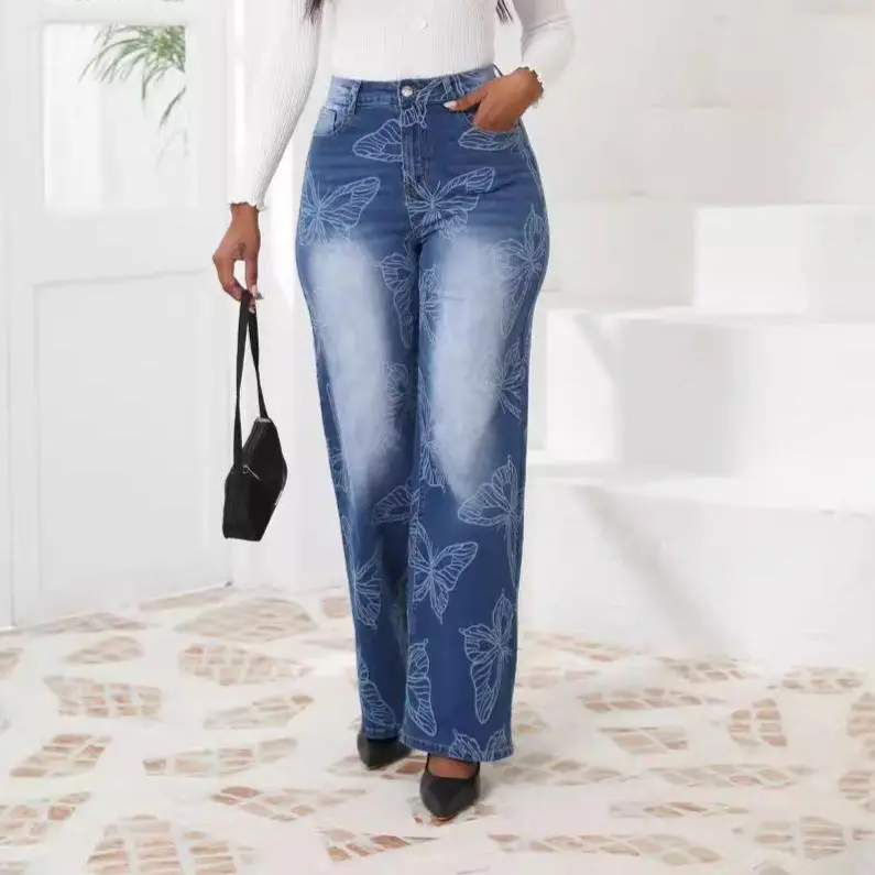 Jacquard Wide Leg Straight Jeans