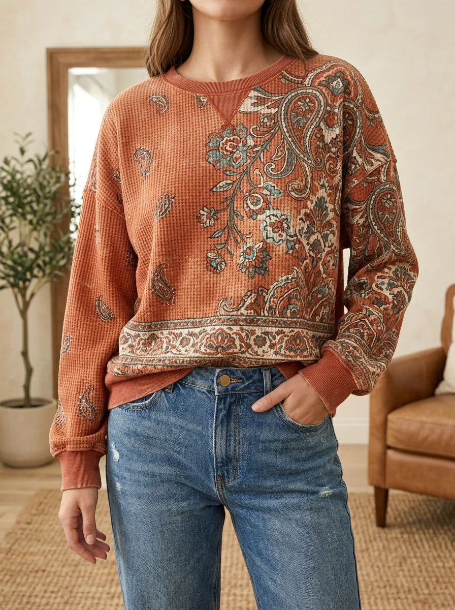 Women's Boho Paisley Floral Pullover Waffle Knit Crewneck Sweatshirt