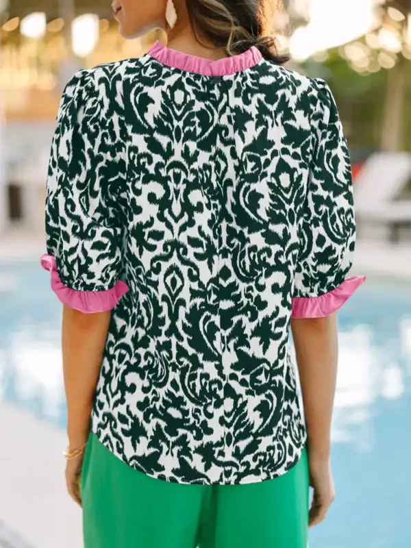 Damask Print Ruffled Block Detail Half Sleeve