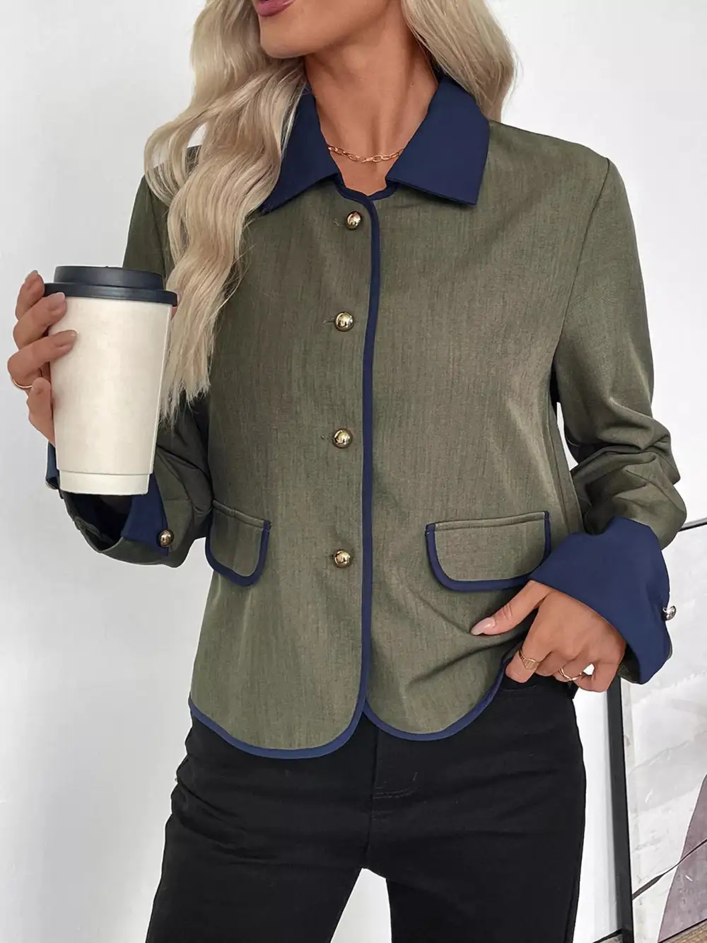 Contrast Trim Button-up Jacket