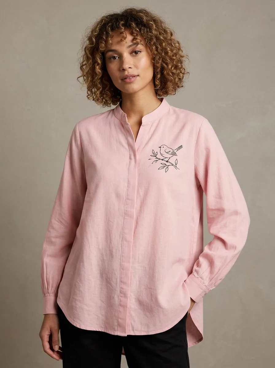 Women's Nature Lover Bird on Branch Printed Pink Shirt