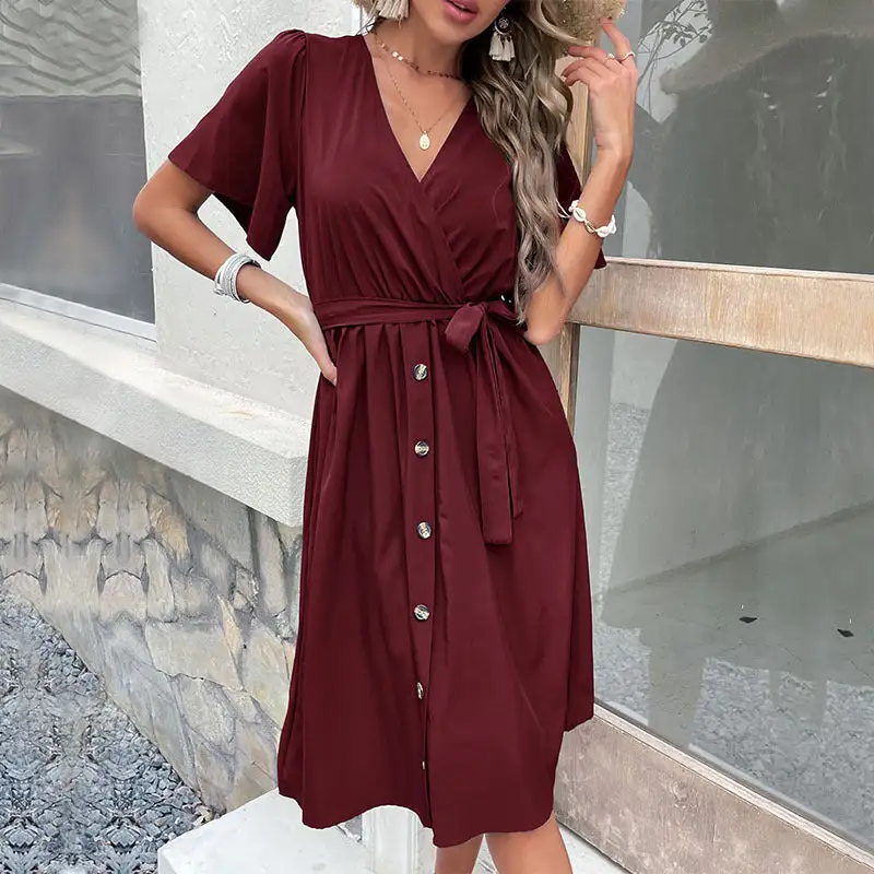 Women's Wrap V-Neck Belted Dress