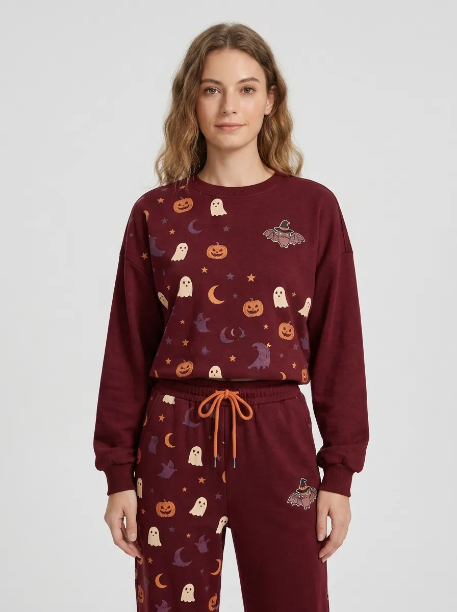 Women's Halloween Ghost Pumpkin Bat Printed Sportswear Set