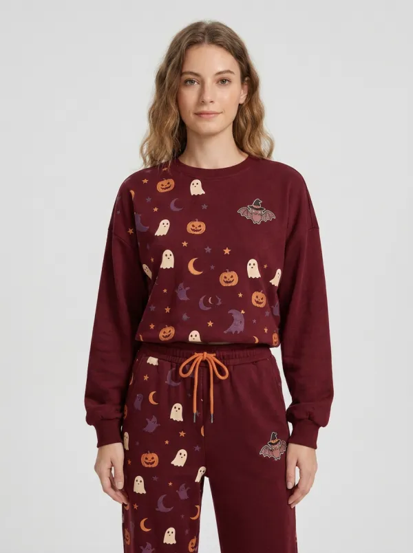 Women's Halloween Ghost Pumpkin Bat Printed Sportswear Set