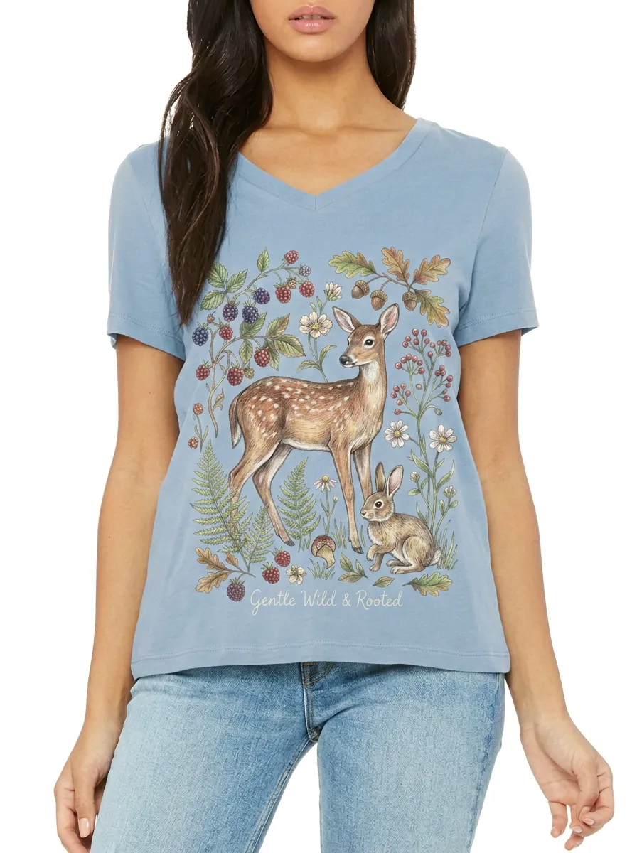 Women's Nature Lover Deer Rabbit Botanical Printed V-neck T-shirt