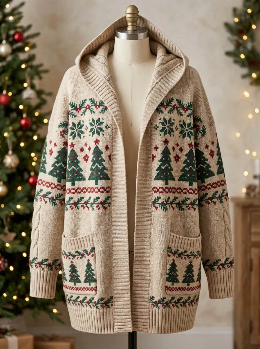 Christmas Tree Snowflake Pattern Print Hooded Cardigan