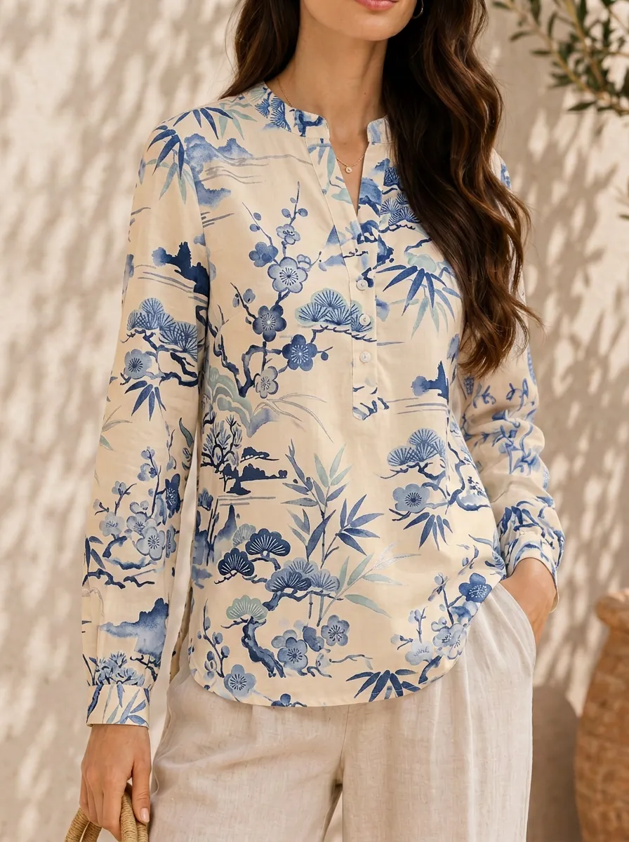 Women's Oriental Floral Bamboo Printed V-Neck Long Sleeve Shirt