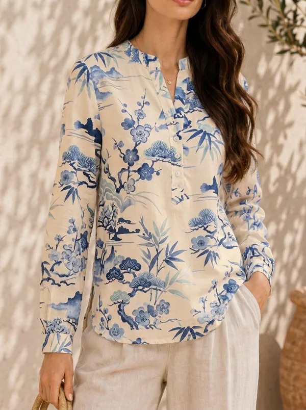 Women's Oriental Floral Bamboo Printed V-Neck Long Sleeve Shirt