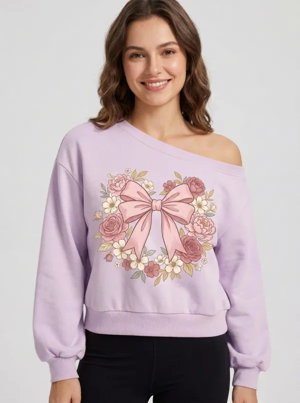 Women's Breast Cancer Awareness Pink Bow Floral Wreath Printed Sweatshirt