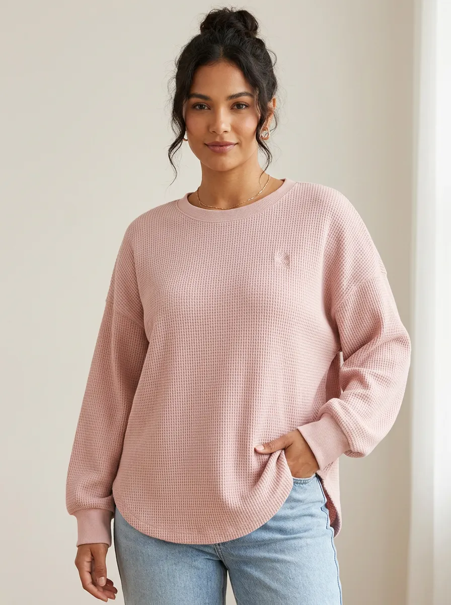 Women's Casual Minimalist Pink Waffle Knit Embroidered Sweatshirt