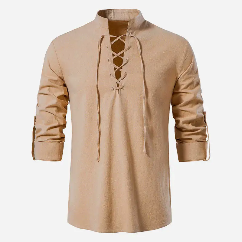 Men's Casual Lace-up Shirt With Stand-up Collar Linen-Cotton Blend And Roll-up Sleeve Tabs