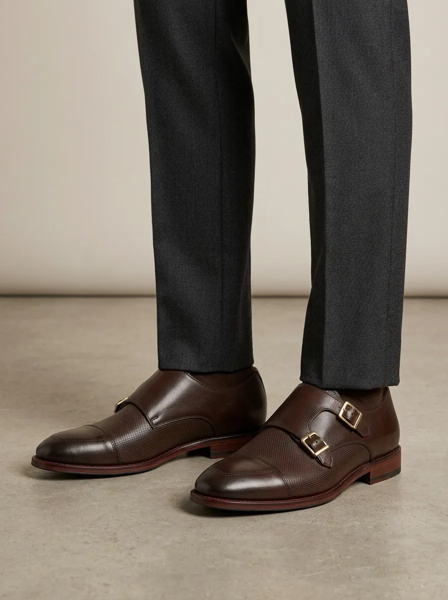 Men's Business Formal Perforated Double Monk Strap Leather Shoes