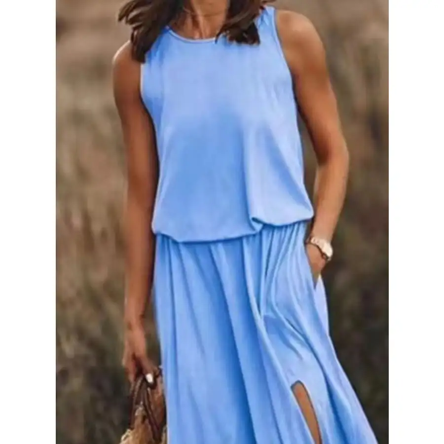 Full Size Round Neck Sleeveless Slit Maxi Dress Plus Size