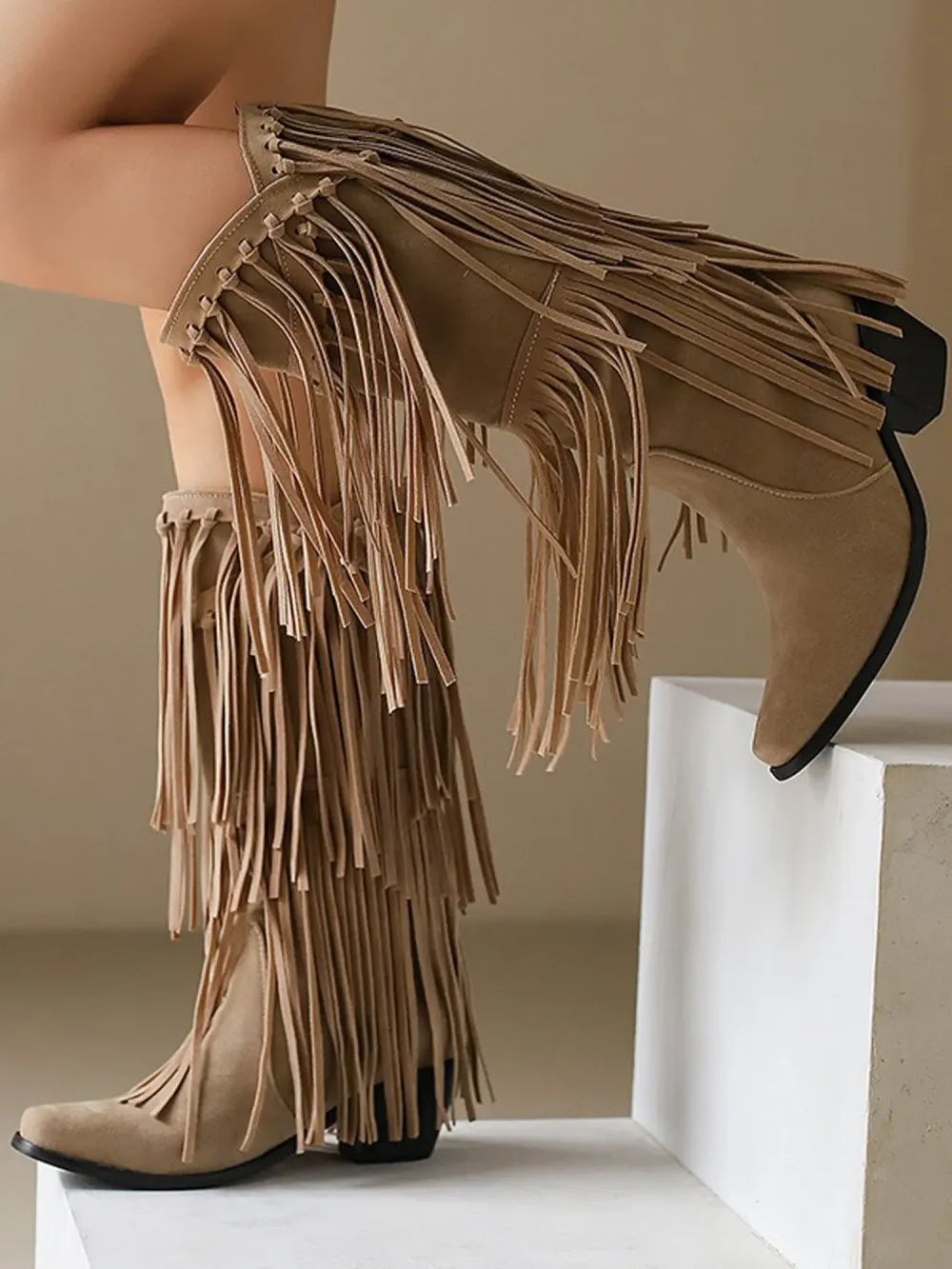 Zaria Ruched Fringed Suede Boots