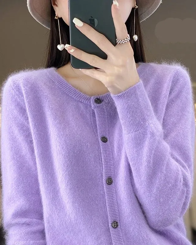 Classic Mink-Cashmere Cashmere Button-Front Crew-Neck Cardigan