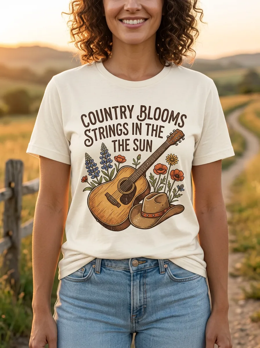 Country Music Guitar Cowboy Hat Floral Crew Neck T-Shirt