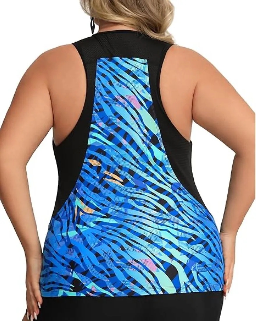 Mesh Scoop Neck Zipper Tankini Top