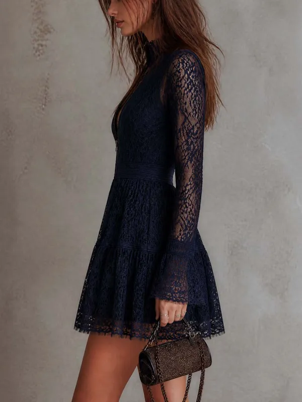 Vintage Zip-Neck Lace Flare Mini Dress
