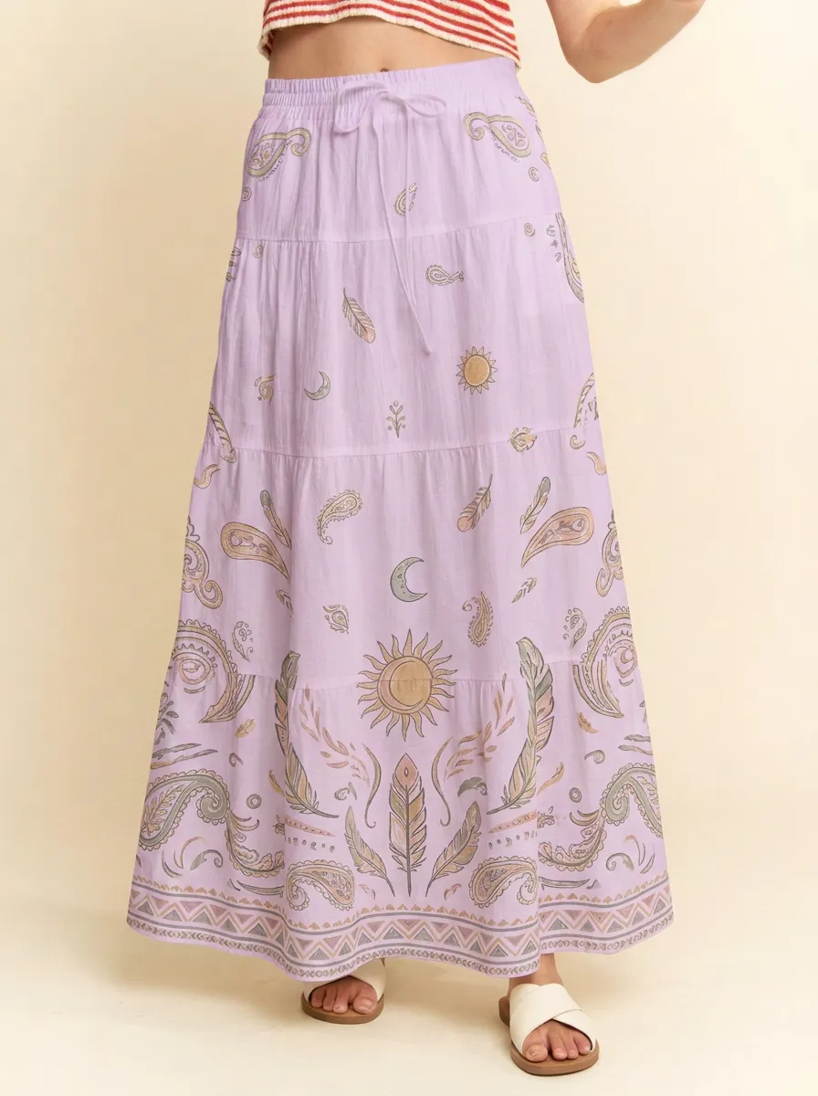 Women's Boho Celestial Sun Moon Feather Paisley Printed Maxi Skirt