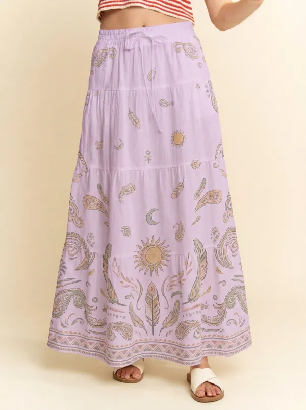 Women's Boho Celestial Sun Moon Feather Paisley Printed Maxi Skirt