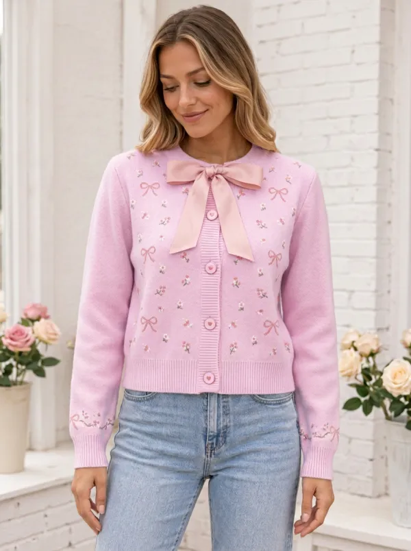 Women's Floral Coquette Ribbon Bow Printed Cardigan