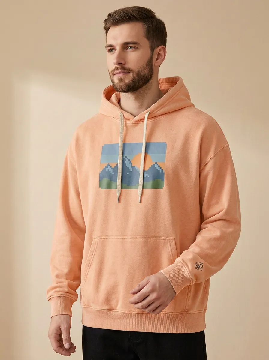 Men's Nature Lover Pixel Mountain Sunset Print Hoodie