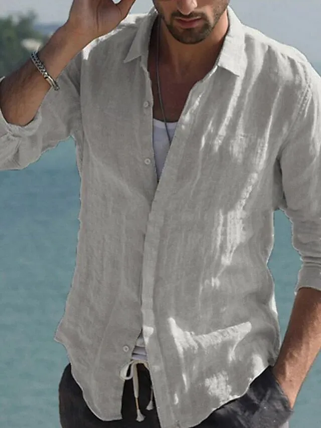 Men's Button-Front Casual Linen Shirt
