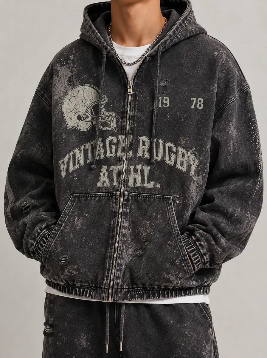 Men's Vintage Rugby Helmet 1978 Graphic Printed Zip-up Hoodie