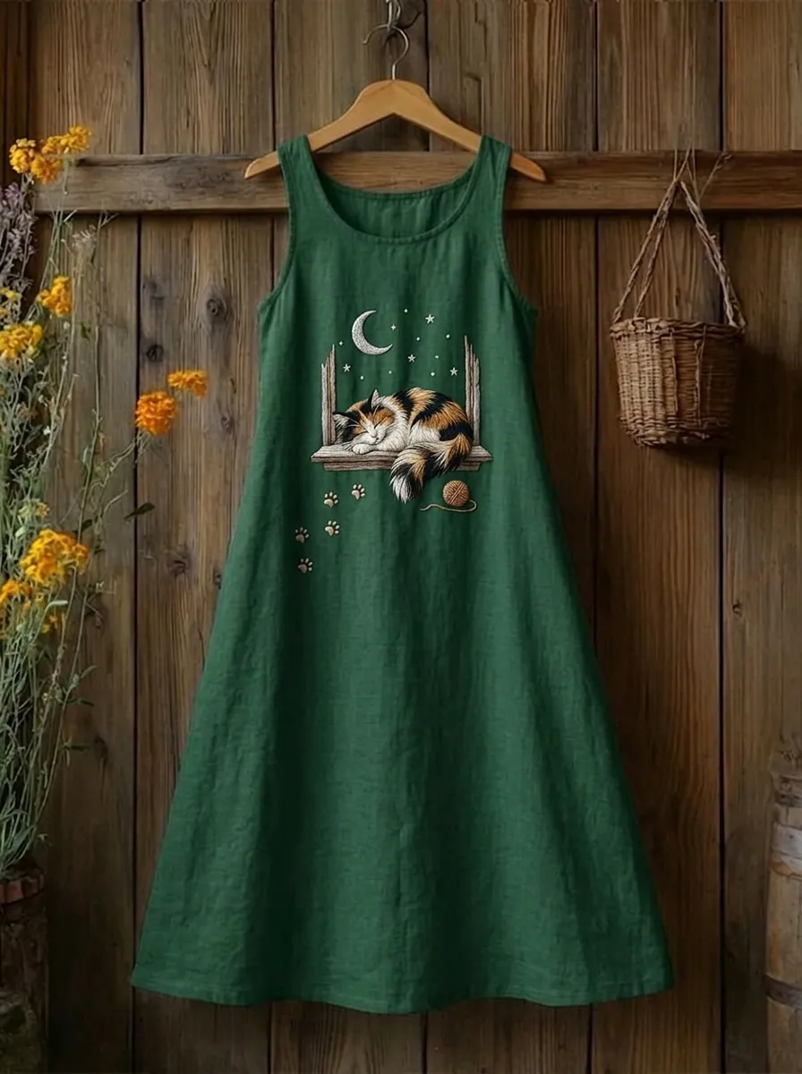 Women's Cat Lover Moon Sleeping Calico Printed Cotton Linen Dress