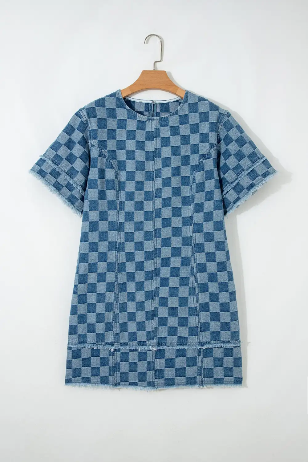 Sky Frayed Hem Checkered Denim Mini Dress