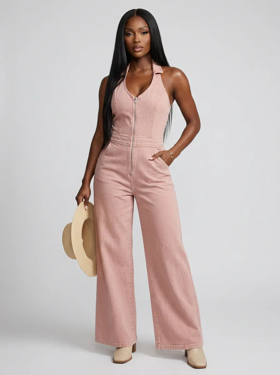 Pink Halter-Neck Zip-Front Wide-Leg Denim Jumpsuit