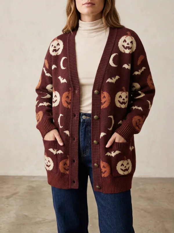 Women's Halloween Pumpkin Bat Moon Pattern Printed Cardigan