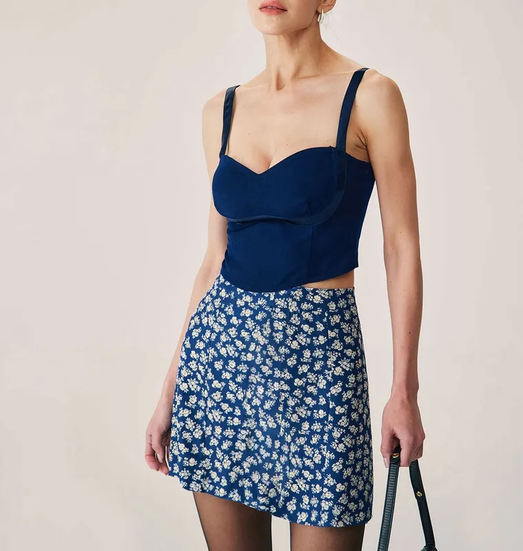 Navy Floral A Line Mini Skirt