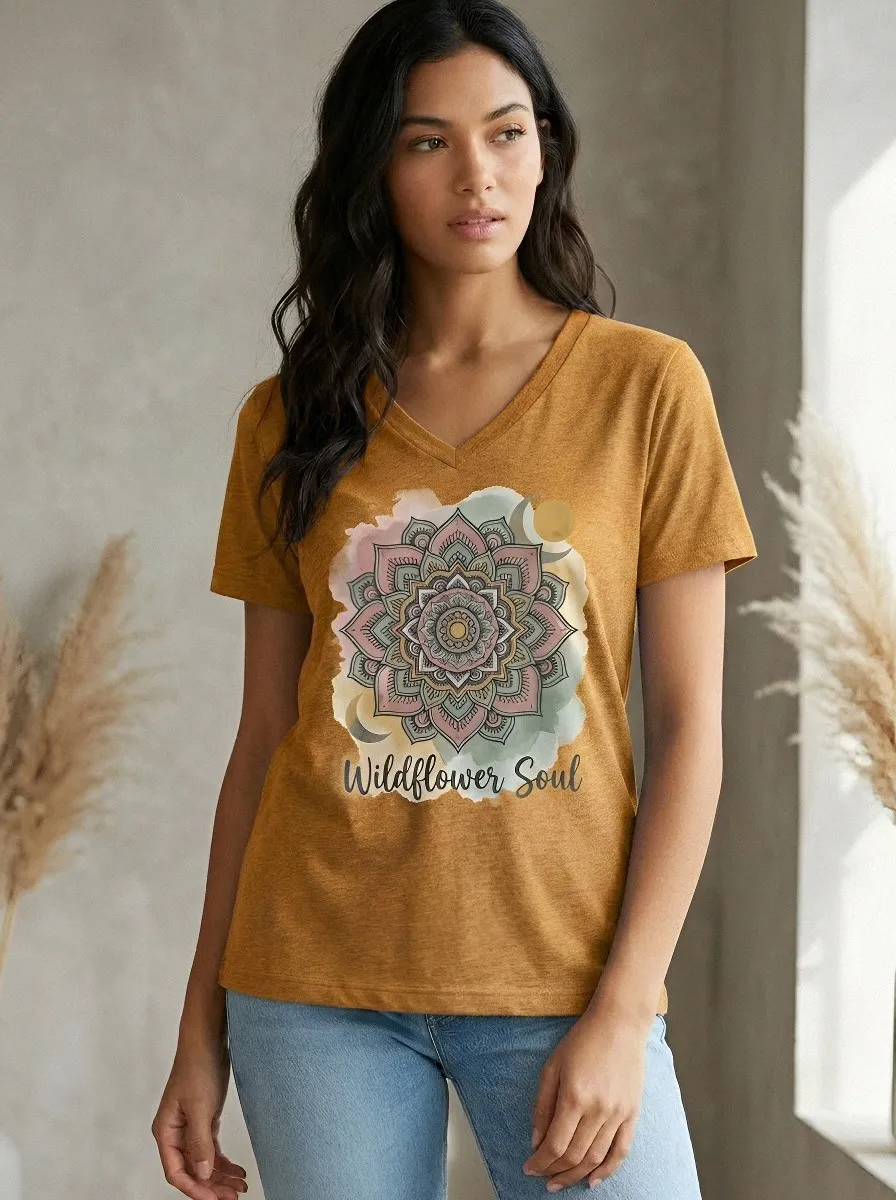 Women's Wildflower Soul Mandala Watercolor Printed V-neck T-shirt