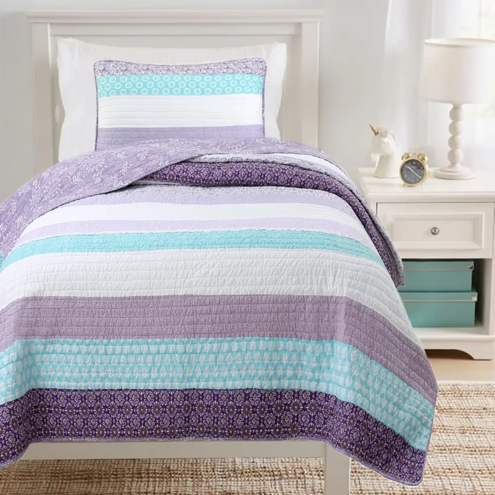 Cotton Floral Striped Ruffled Quilt Bedding Set