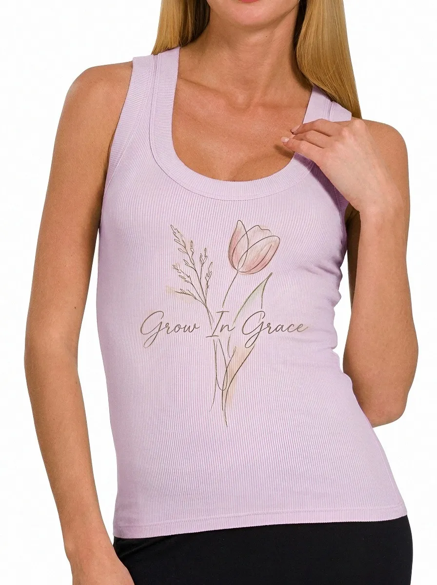 Women's Grow In Grace Floral Tulip Printed Ribbed Tank Top