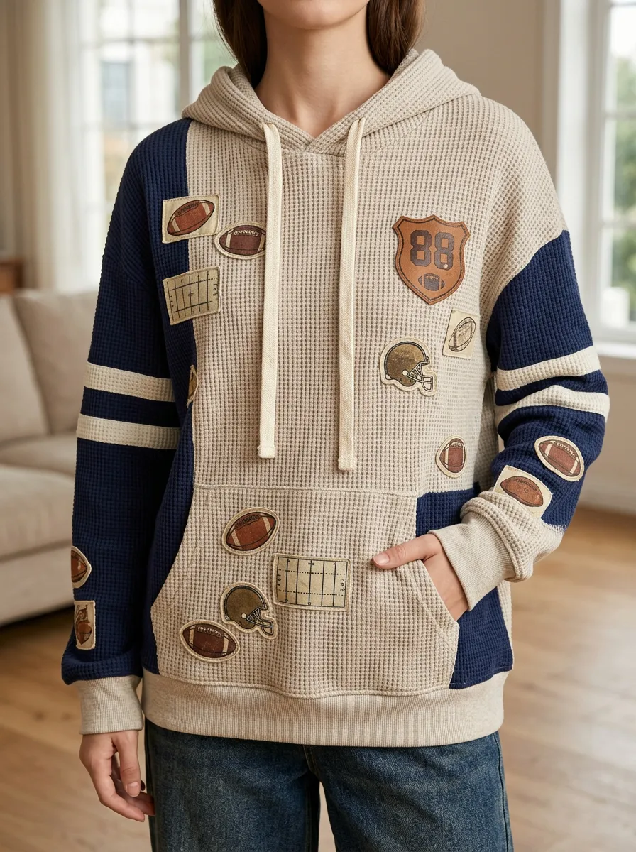 Women's Football Fan American Football Patch Printed Waffle Hoodie