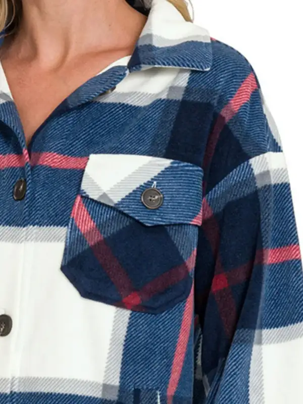 Fleece Plaid Pocketed Jacket