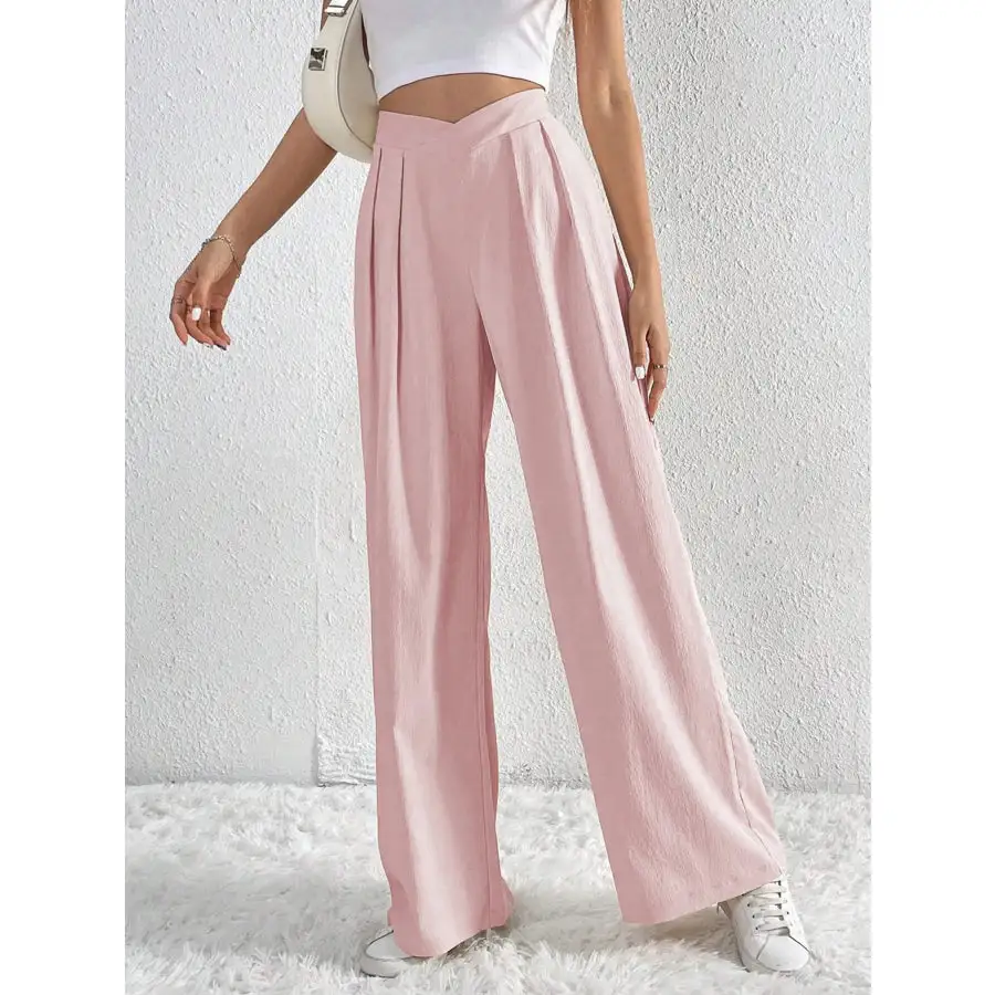 V Waisted Ruched Front Wide Leg Pants