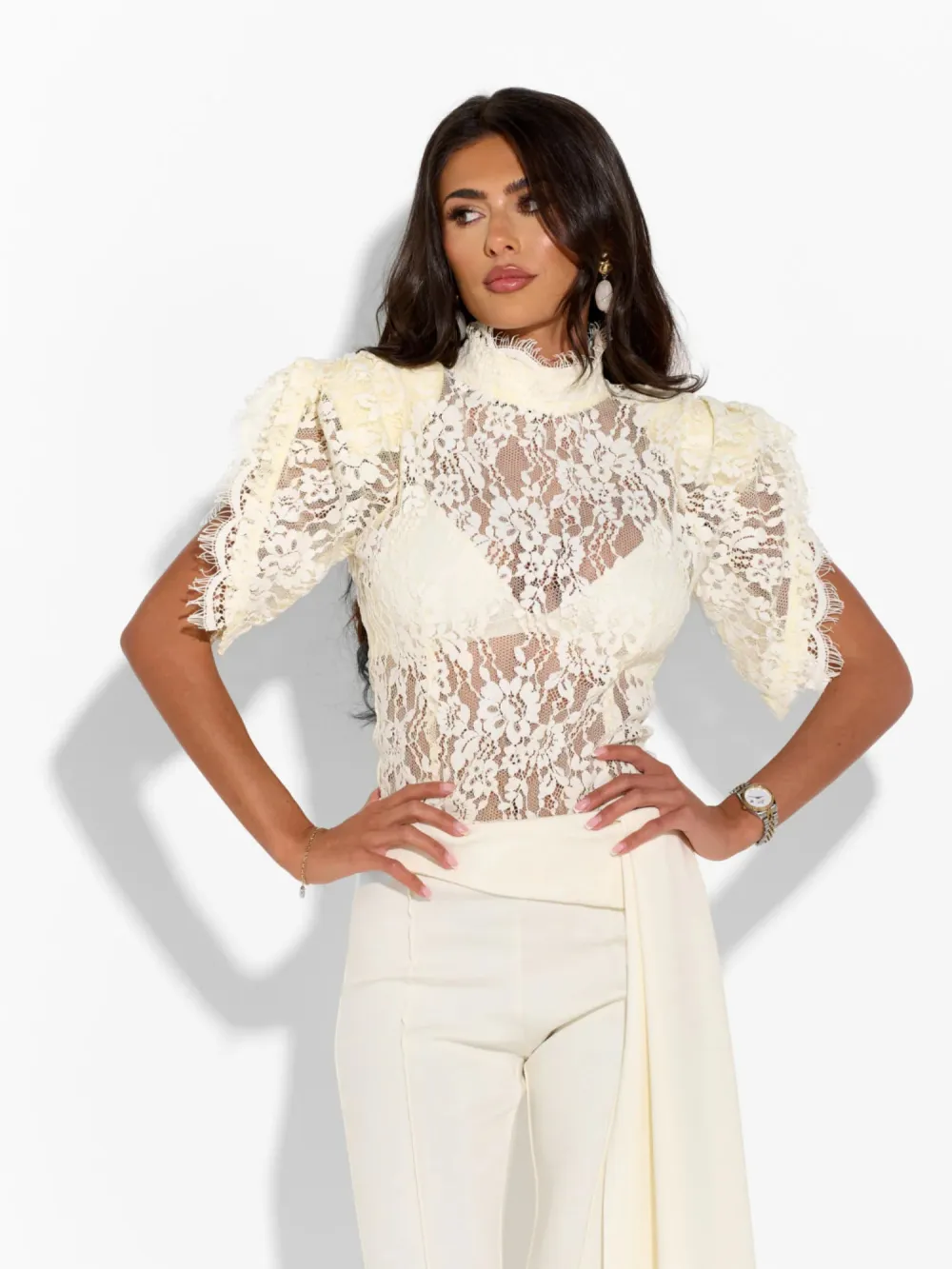 Rosalie Lace High Neck Top & Wide Leg Pants Set