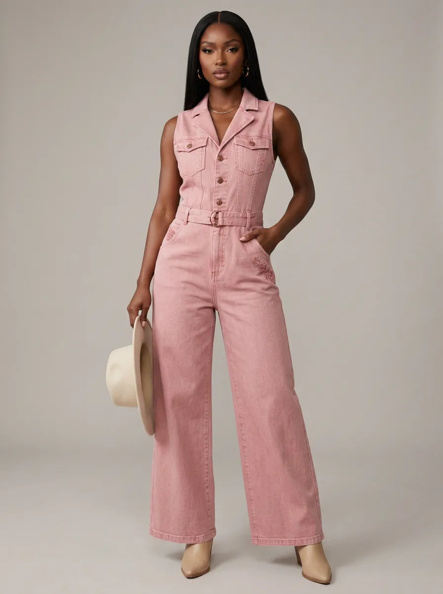 Pink Floral Embroidered Sleeveless Denim Jumpsuit