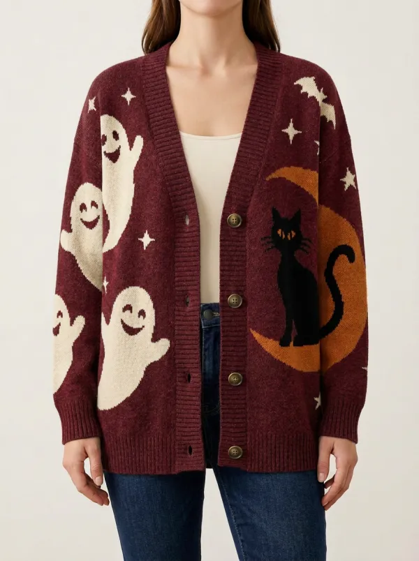Women's Halloween Ghost Cat Moon Pattern Knitted Cardigan