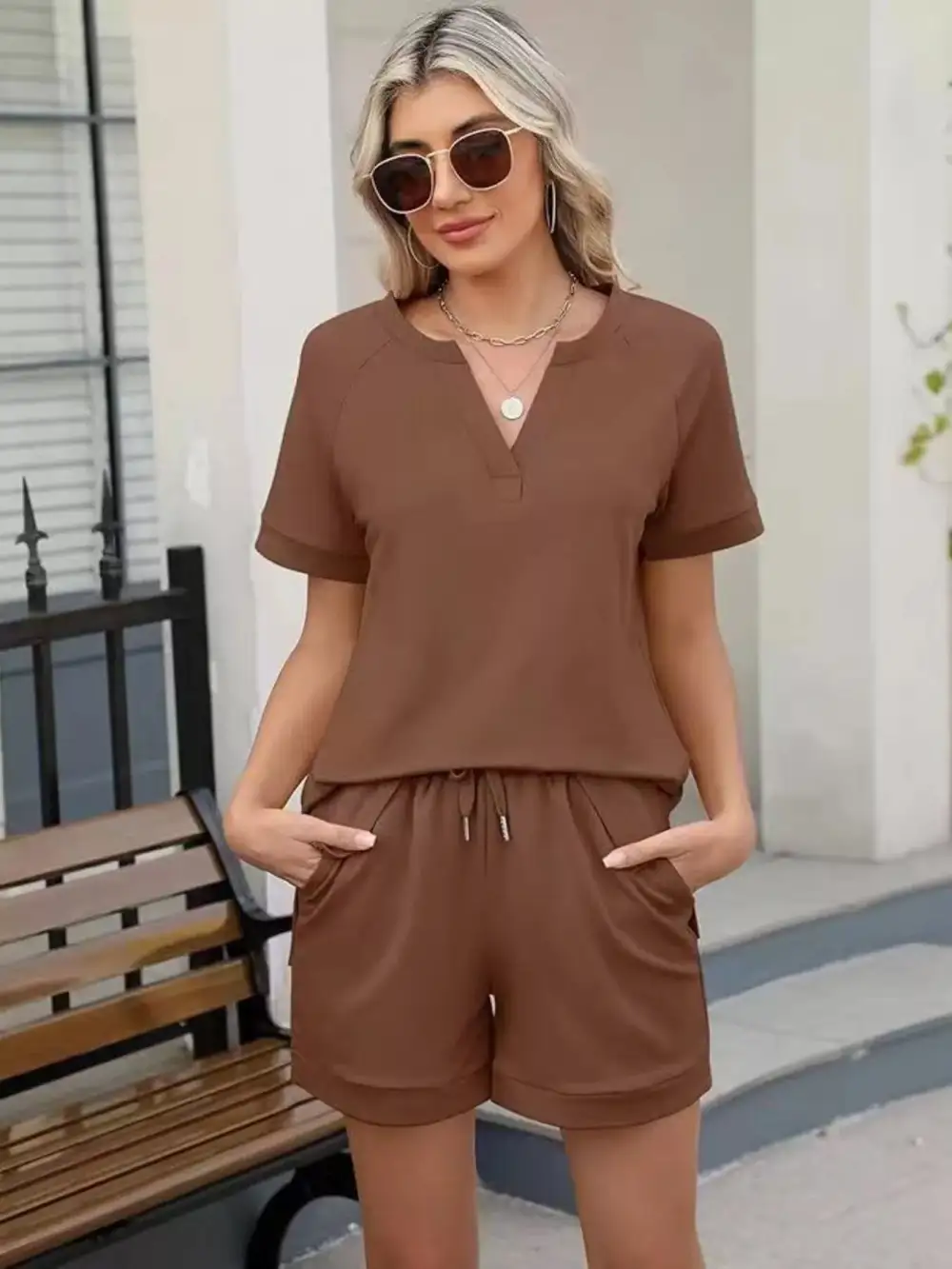 Short Sleeve Top Shorts Two Piece Set