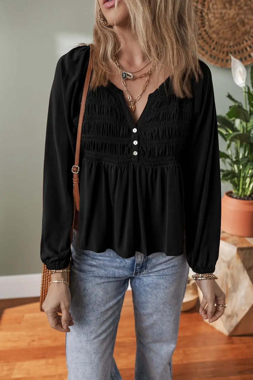 Smocked V-Neck Button Front Blouse