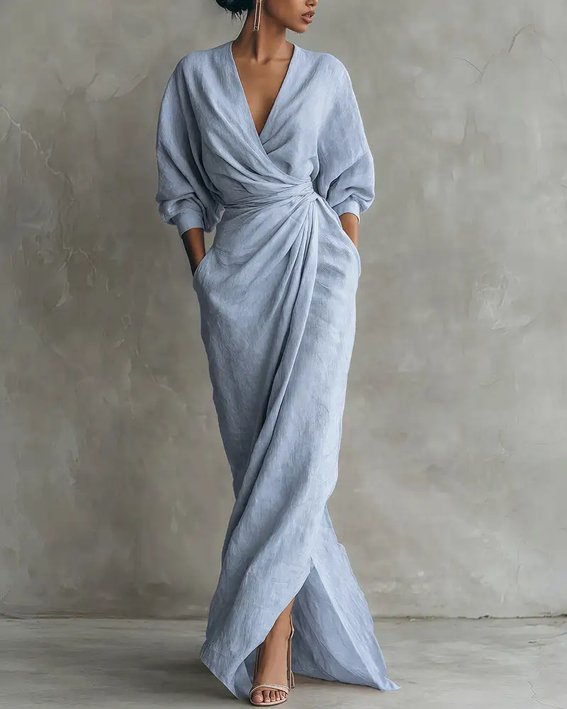 Elegant Deep V-Neck Draped Wrap Maxi Dress With Waist Tie