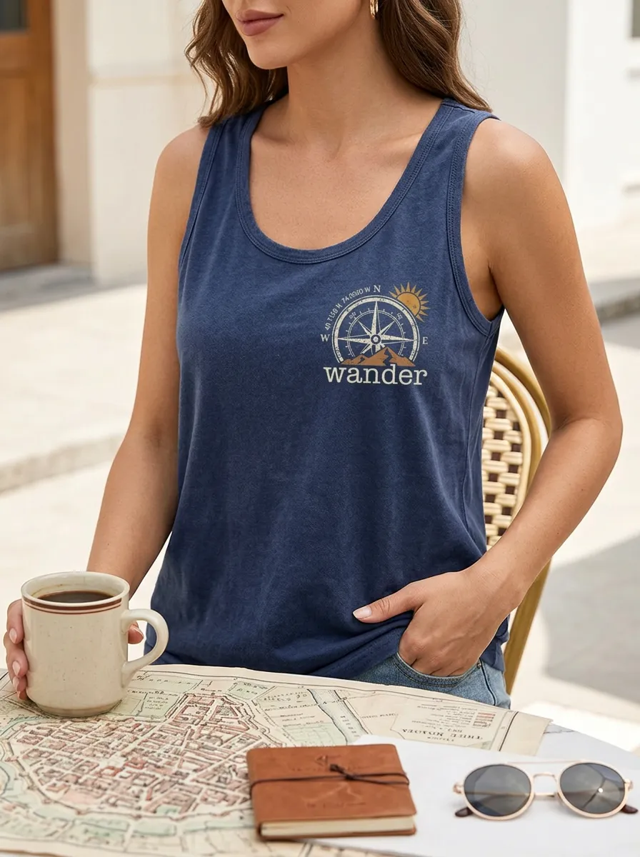 Women's Travel Lover Compass Mountain Wander Printed Tank Top