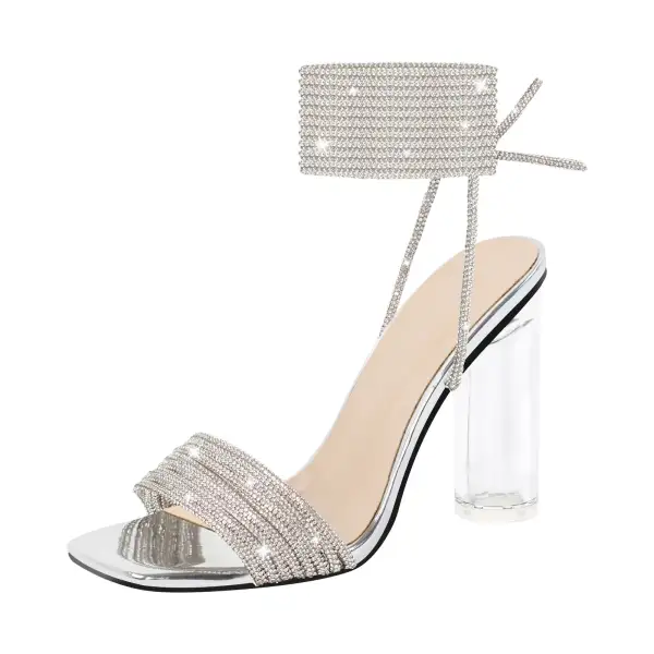 Strap Rhinestone Clear Chunky Heel Lace Up Sandals