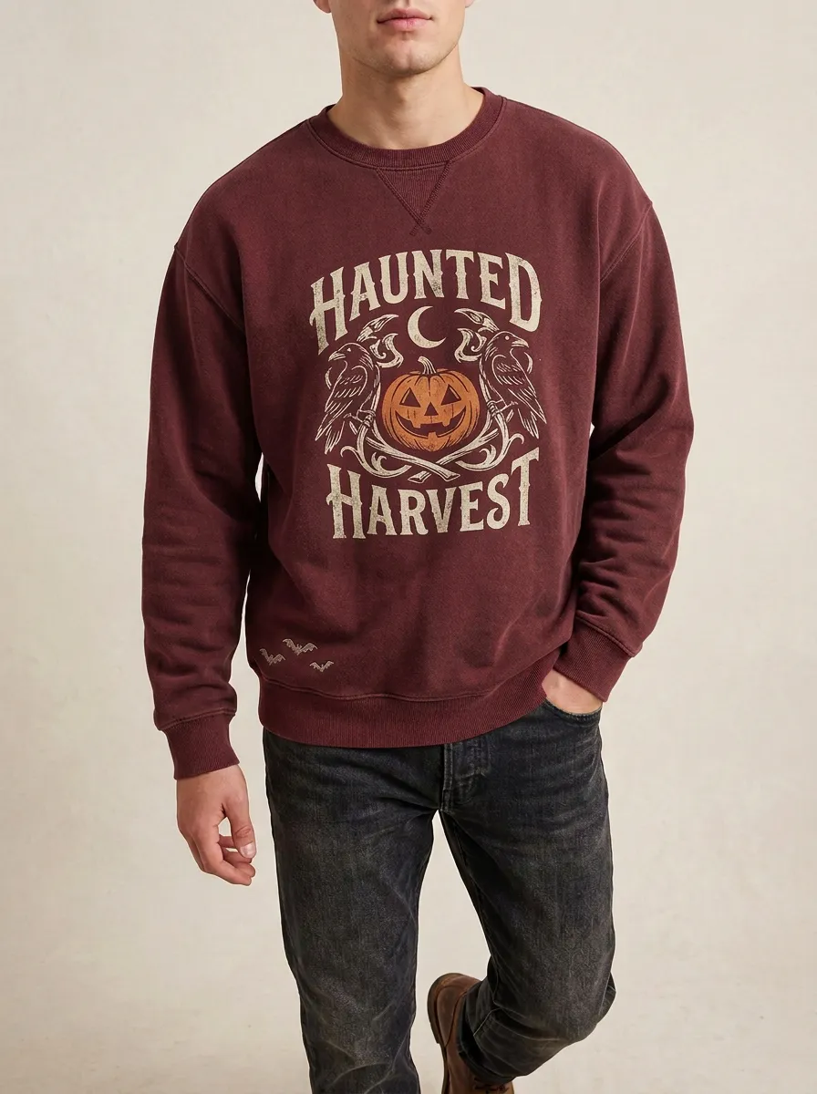 Men's Halloween Haunted Harvest Pumpkin Raven Sweatshirt