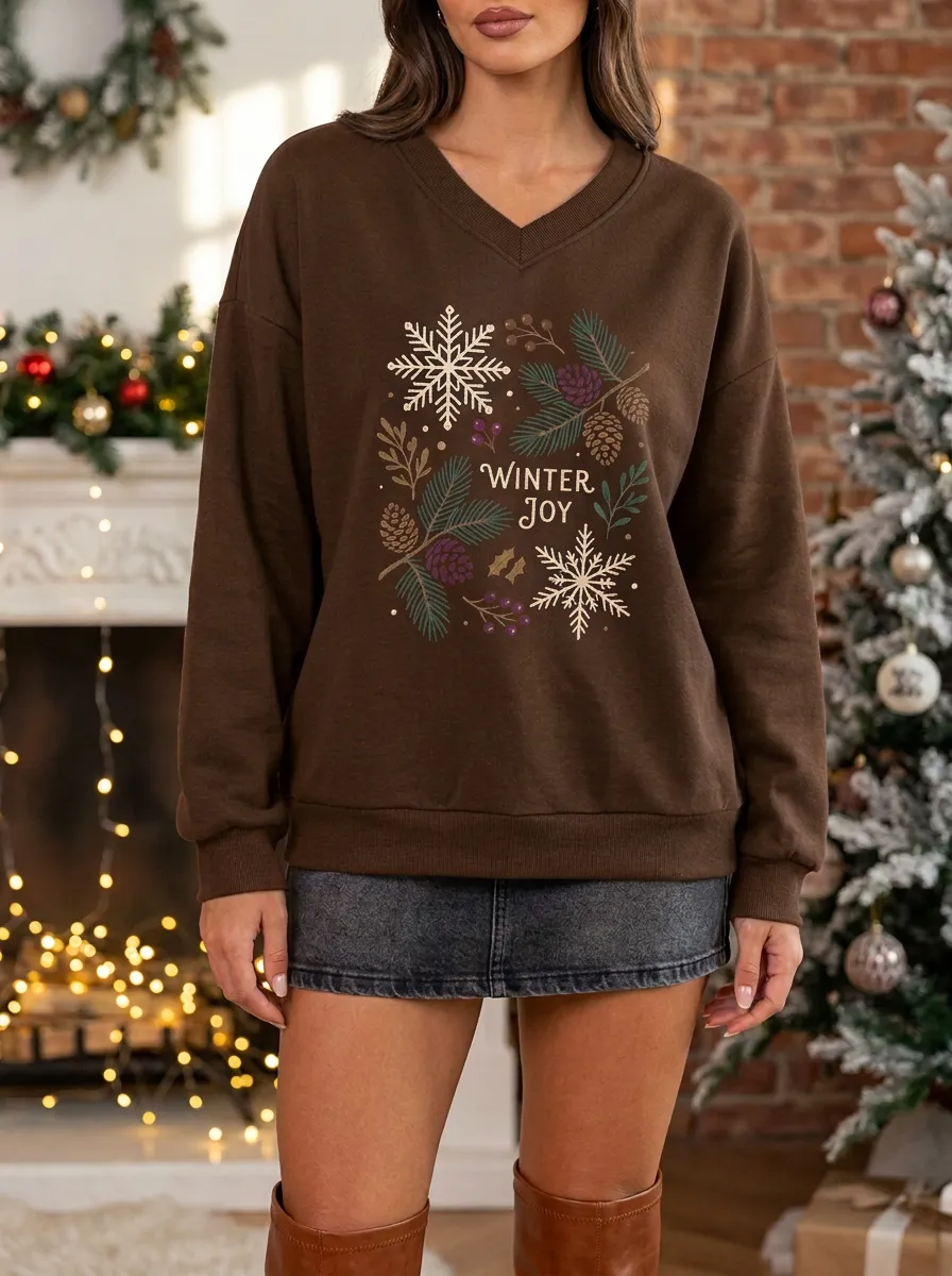 Christmas Winter Joy Snowflake Pinecone Print Sweatshirt